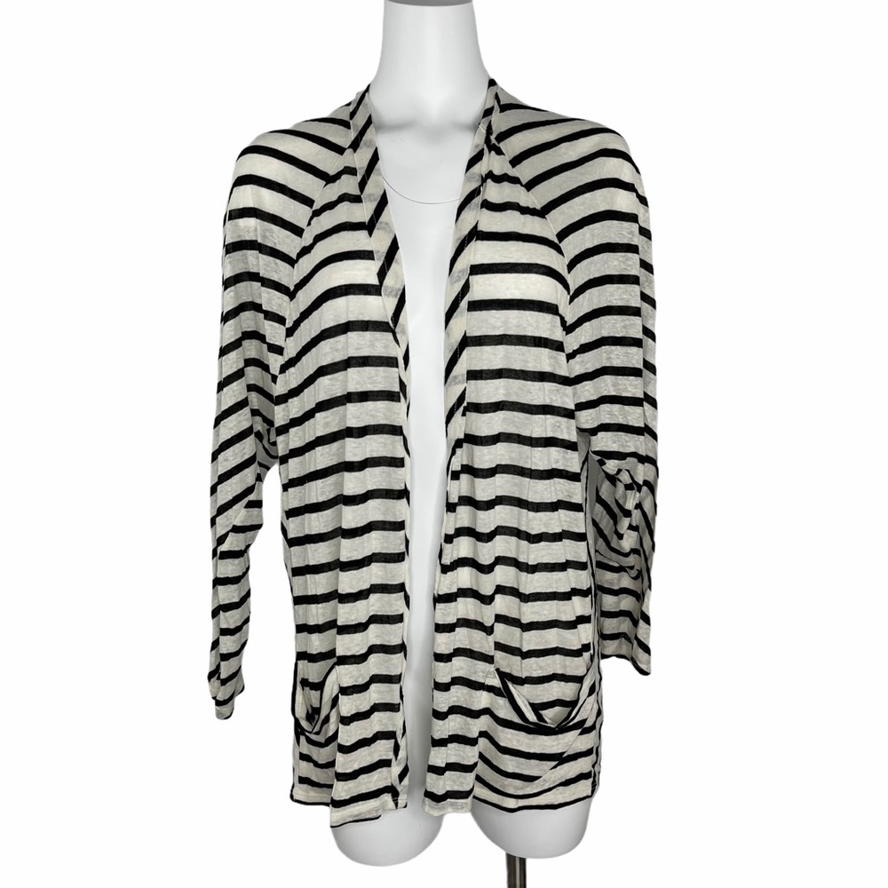 LA Made Open Front Linen Blend Cardigan Stripe Top